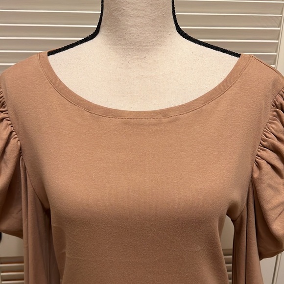 76. BCBGMAXAZRIA Ruched Puff Sleeve Bodysuit in Camel - Picture 7 of 14